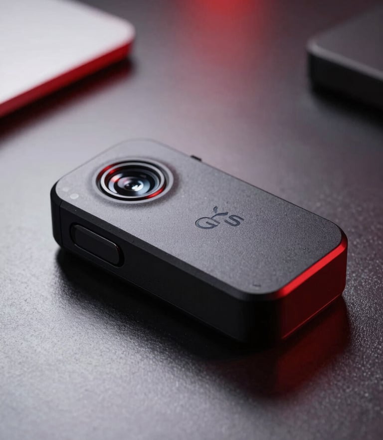 Sleek black magnetic GPS tracker device placed on a dark metal surface, dramatic red and white studio lighting, technical telemetry feel, macro shot, shallow depth of field