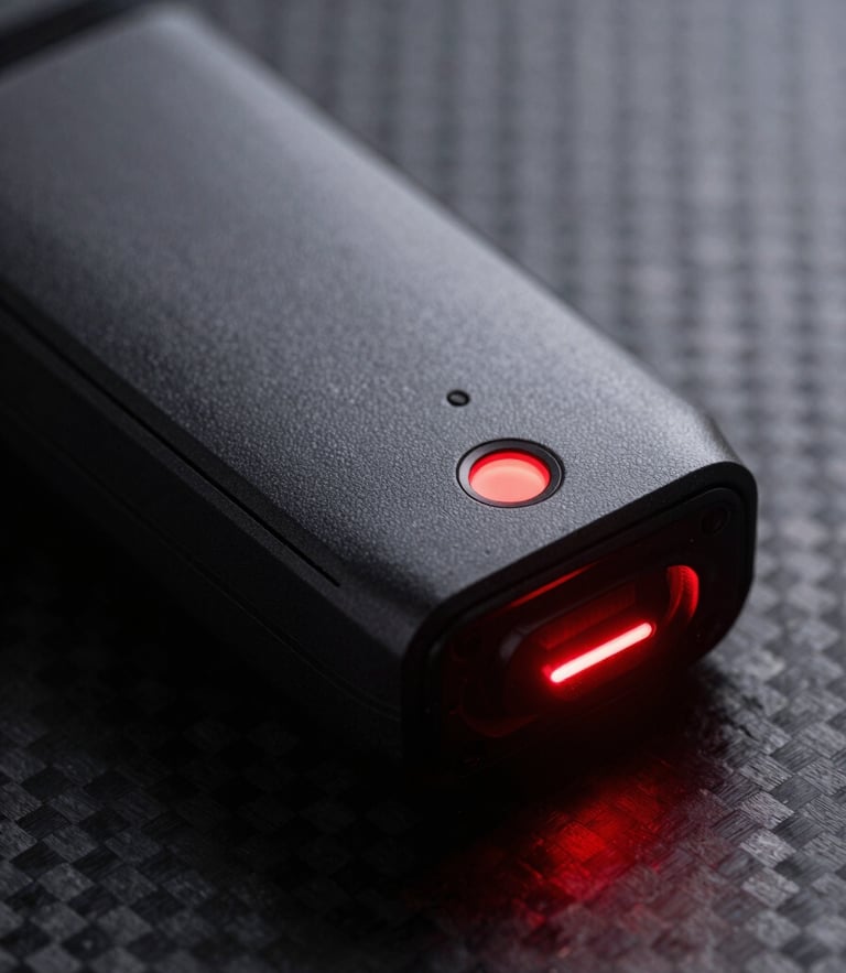 Sleek dark-mode photography of a premium GPS hardware unit glowing with a subtle red status light, macro shot on a dark carbon fiber surface, high-contrast lighting.