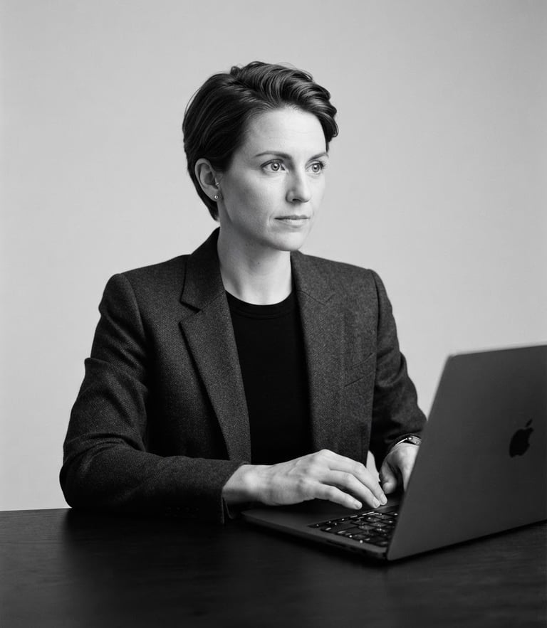 Minimalist black and white studio portrait of a technology consultant, clean background, soft lighting, professional editorial photography, 35mm lens