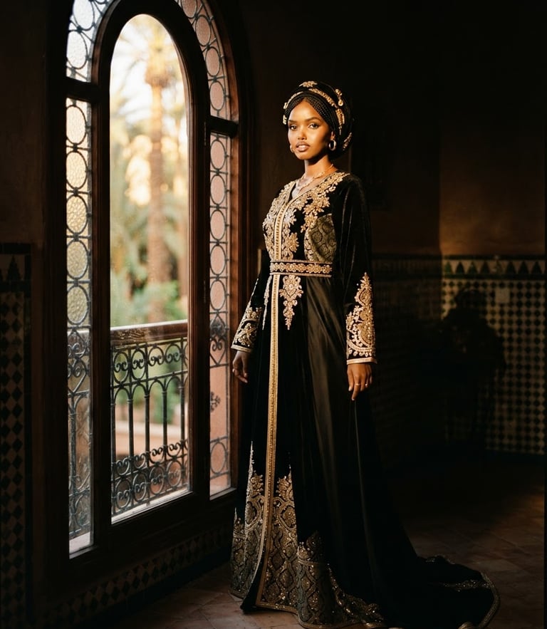 Editorial fashion photography of a model wearing a premium black gamis with golden-hour window lighting, rich black and gold tones, high contrast, 35mm