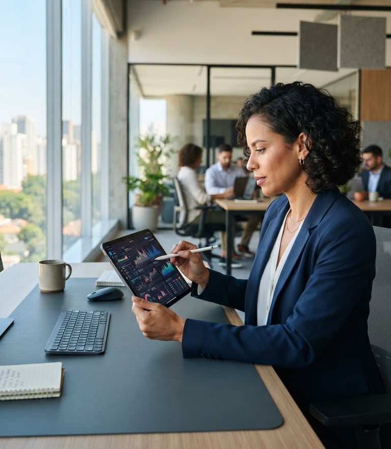 Clean corporate office in Brazil with bright natural daylight, slate gray tones, a professional tablet showing financial dashboards, sharp focus