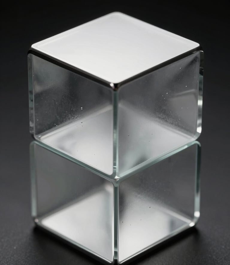 Macro close-up of an abstract 3D geometric structure crafted from polished chrome and frosted glass. High-contrast studio key light casting sharp, cold reflections with zero warm tones. Absolute monochrome rendering against a pure dark background.