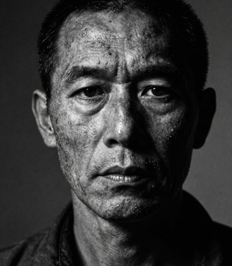 High-contrast black and white documentary portrait of an intense, weathered face in deep chiaroscuro shadow, looking directly forward with absolute conviction, cinematic grain, 35mm.