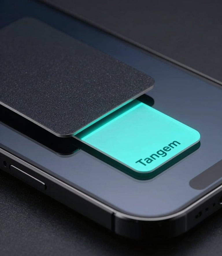 Macro close-up of Tangem card touching modern smartphone screen, neon cyan light reflecting off the glass, high-contrast dark studio lighting