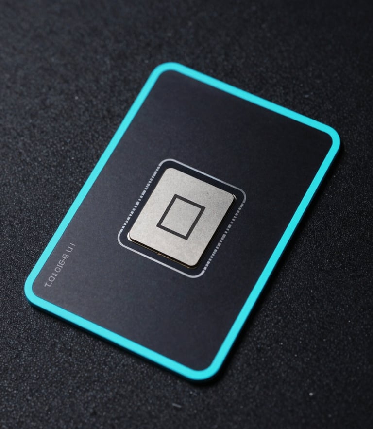 Overhead flatlay of the obsidian Tangem card packaging, sleek metallic microchip details highlighted by sharp cyan neon rim lighting, dark studio background