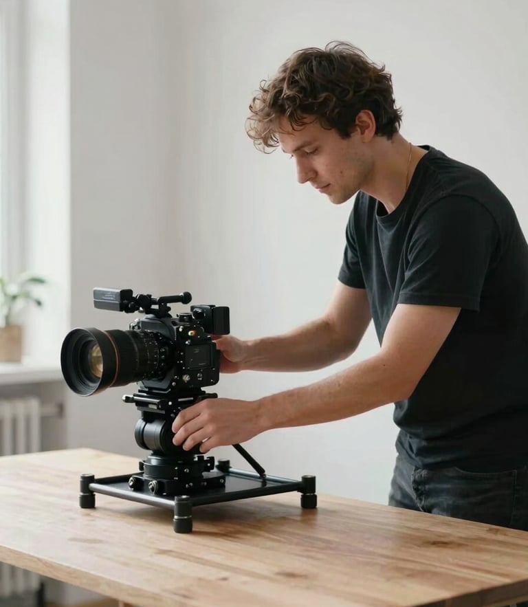Candid behind-the-scenes shot of a professional creative director adjusting a camera rig over a minimalist wooden table, soft natural daylight, clean Scandinavian aesthetic, professional camera gear visible.