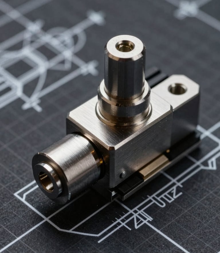 Extreme close-up of a technical blueprint schematic for a mechanical dial switch, sharp white line art on dark grid paper, industrial drafting style.