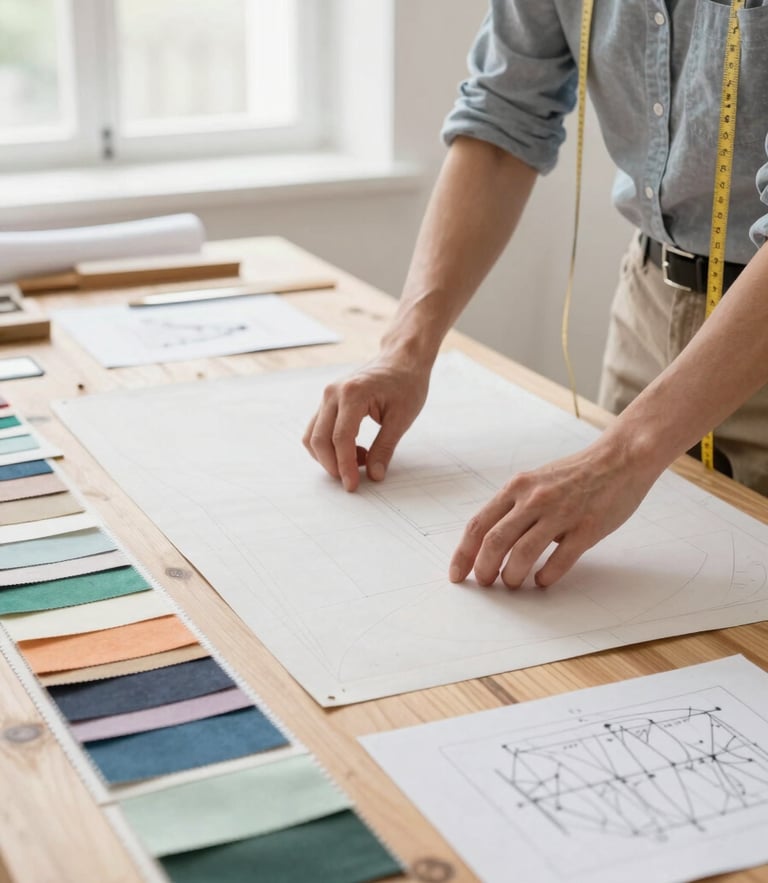 A professional designer adjusting a garment pattern on a wooden table, fabric swatches and technical sketches visible, bright natural daylight.