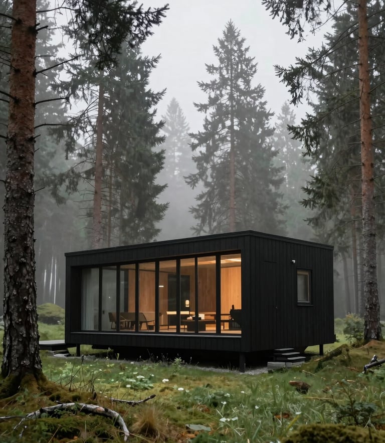 Wide shot of a modern black timber cabin with glass facade nestled in a misty pine forest of Góry Sowie, soft diffused daylight, architectural photography