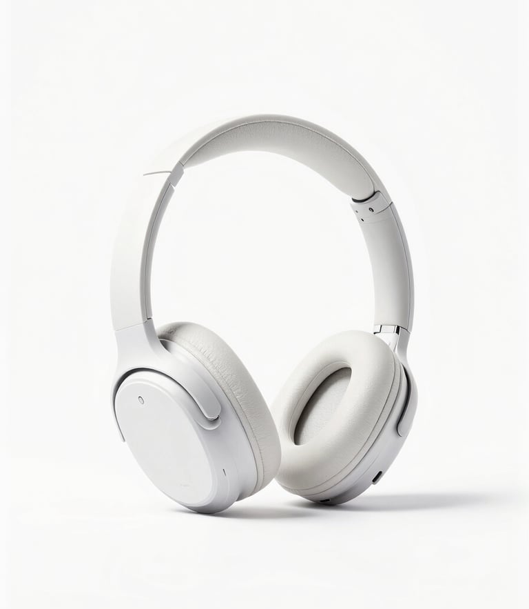 Sleek wireless headphones on a clean white background, high-key studio lighting, soft shadows, modern tech aesthetic