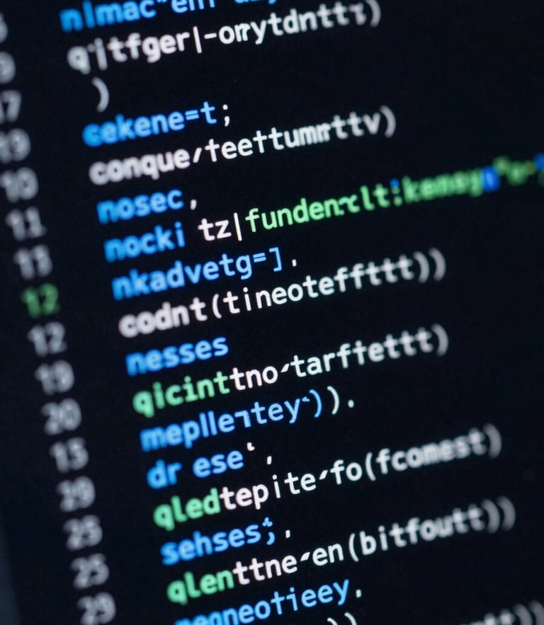 Extreme close-up of high-contrast structured code on a dark screen, glowing electric-blue syntax highlighting, sharp angled perspective, shallow depth of field