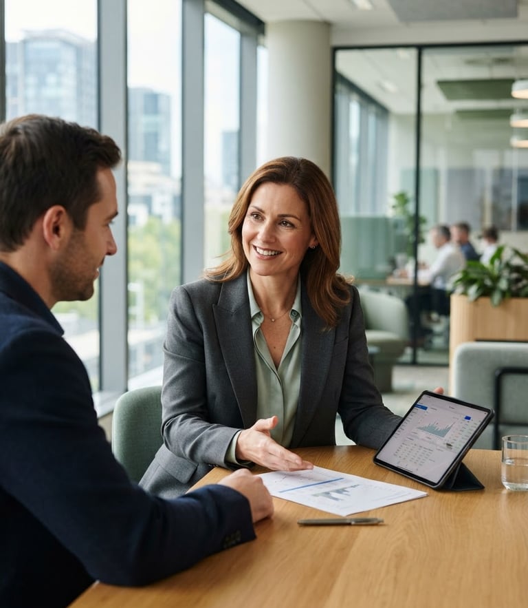 Professional financial consultant in a bright modern office, natural daylight, soft green and gray tones, medium close-up, 35mm lens
