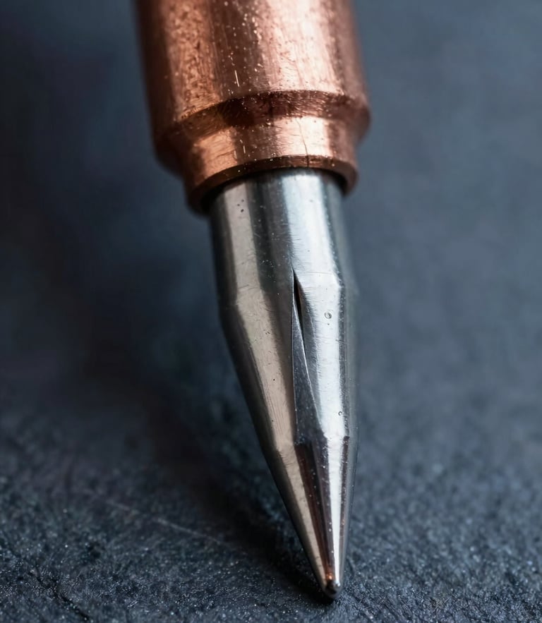Extreme macro shot of a pristine copper-core soldering tip point, metallic silver plating, sharp reflections, cool industrial studio lighting, dark slate background