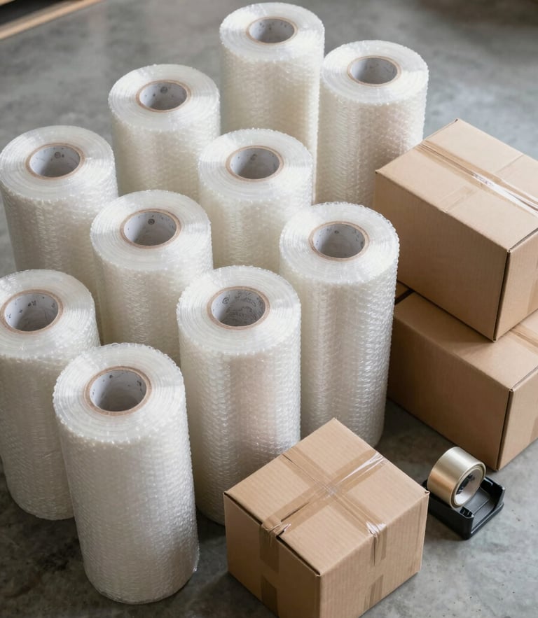 Top-down knolling of professional packing materials. Perfectly organized rolls of heavy-duty bubble wrap, brown packing tape, custom double-wall corrugated cardboard boxes, and a metal tape dispenser on a clean concrete floor under bright warehouse lighting.