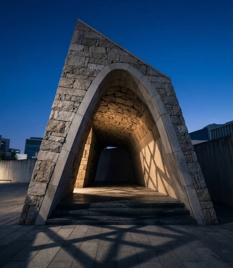 Low angle architectural shot of a modern stone archway casting geometric shadows under a crisp blue hour sky, sharp focus, 35mm
