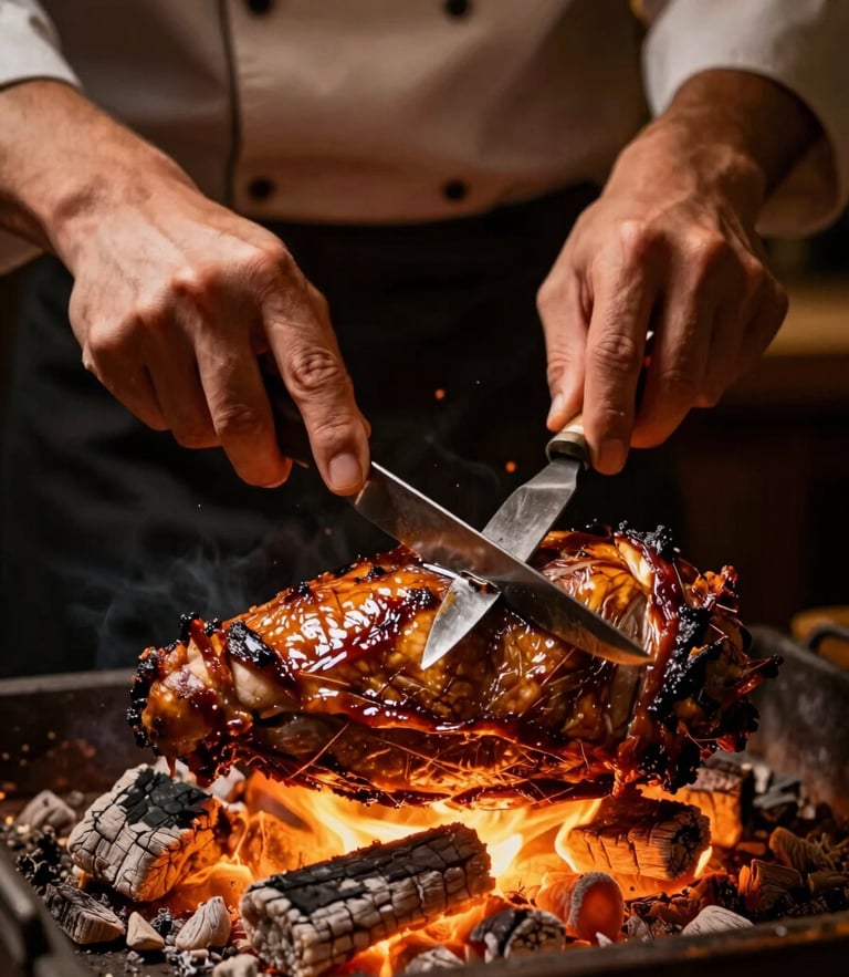 High-contrast portrait of a chef's hands carving roasted meat over glowing hearth embers, warm side lighting, deep shadows