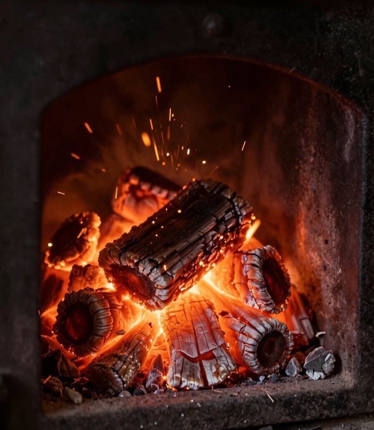 Moody close-up of dry cherrywood embers glowing inside a dark cast-iron hearth, warm orange sparks, deep charcoal shadows, 35mm editorial food photography.