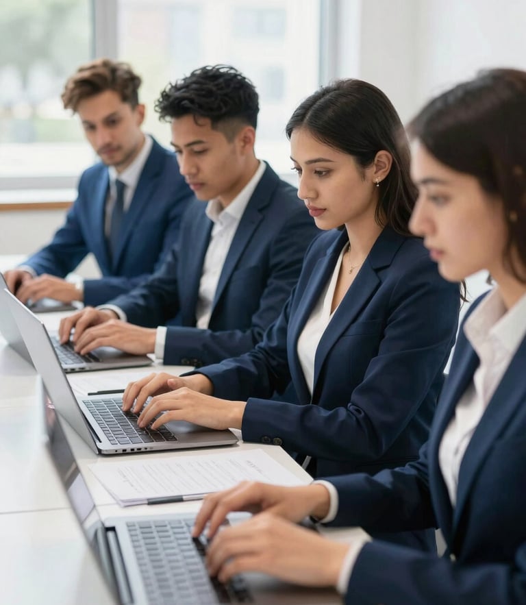 A bright professional classroom setting with adult students collaborating on laptops, natural daylight, deep blue accents, sharp focus, 35mm lens
