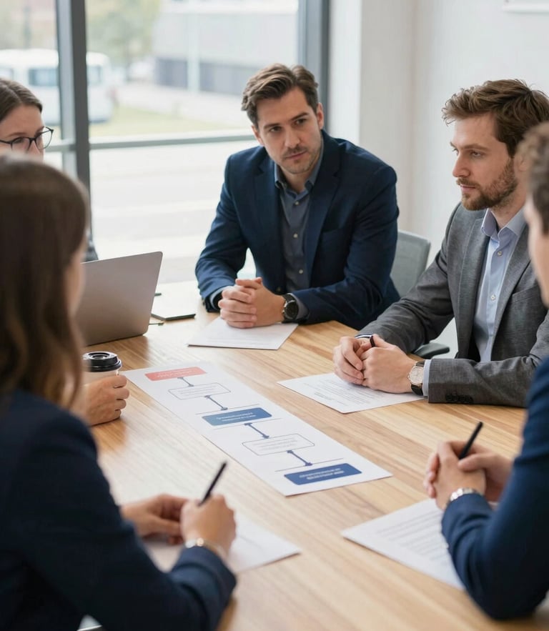 Bright, natural daylight professional editorial photography of a modern collaborative workspace, people discussing structured learning pathways around a wooden table, 35mm lens, sharp focus