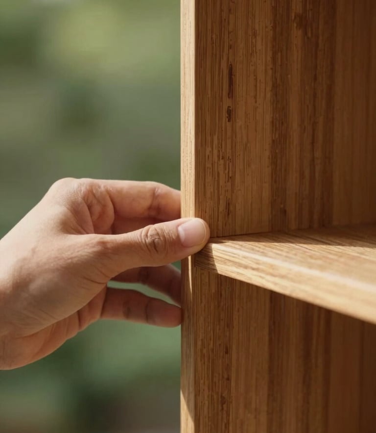 Close-up of hands easily sliding a wooden shelf joint into place, warm natural afternoon light, rich brown texture, shallow depth of field
