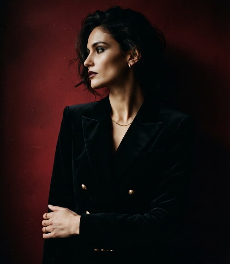 dark editorial fashion photography, low-key chiaroscuro lighting, a model in a structured black velvet blazer looking elegantly away, deep cherry red background tones, 35mm