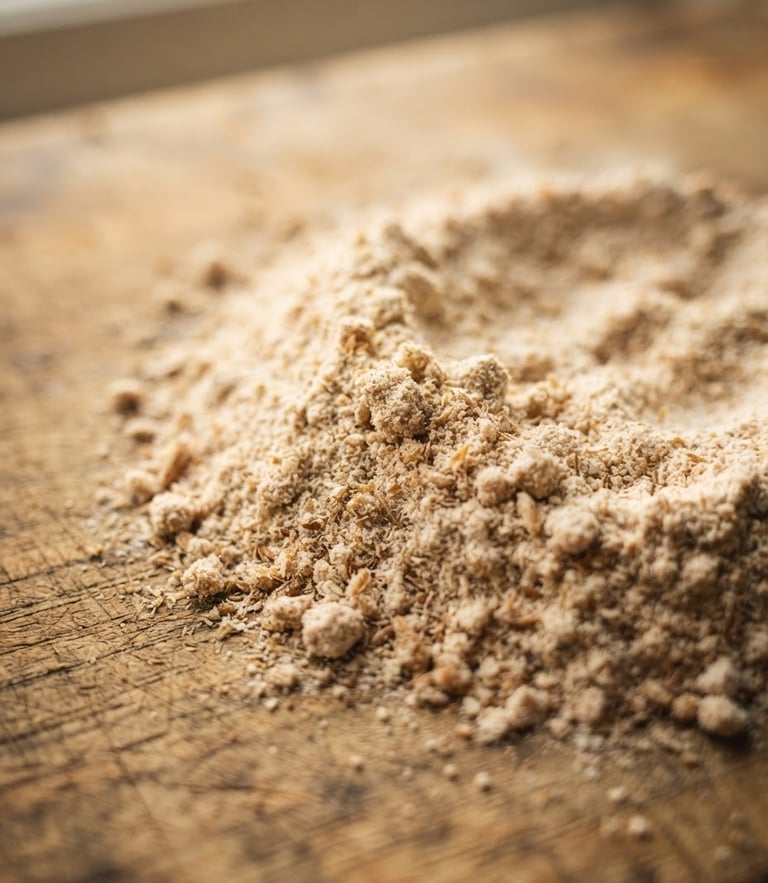 Macro shot of warm, textured stone-ground wheat flour on a wooden board, soft kitchen window light, 35mm.