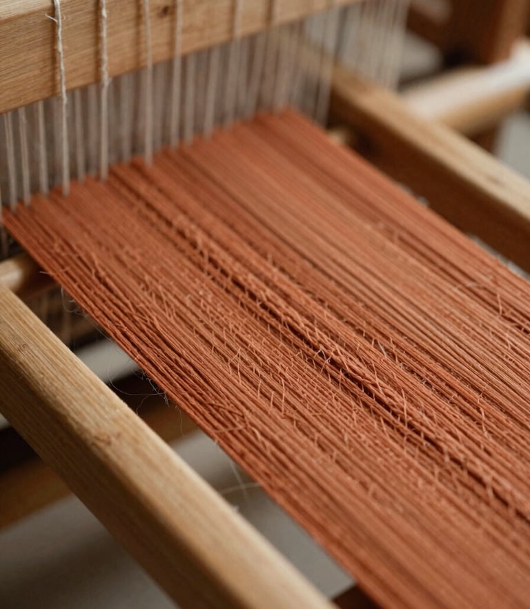 Macro close-up of raw terracotta-colored woven threads on a traditional wooden loom, soft directional side-light, rich organic textures