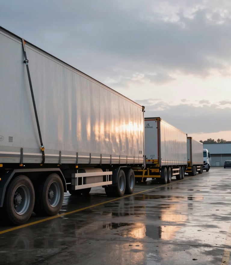 Wide shot of a logistics hub terminal at dawn, overcast European sky, wet concrete reflecting cold morning light, cargo securing straps visible on parked trailers.