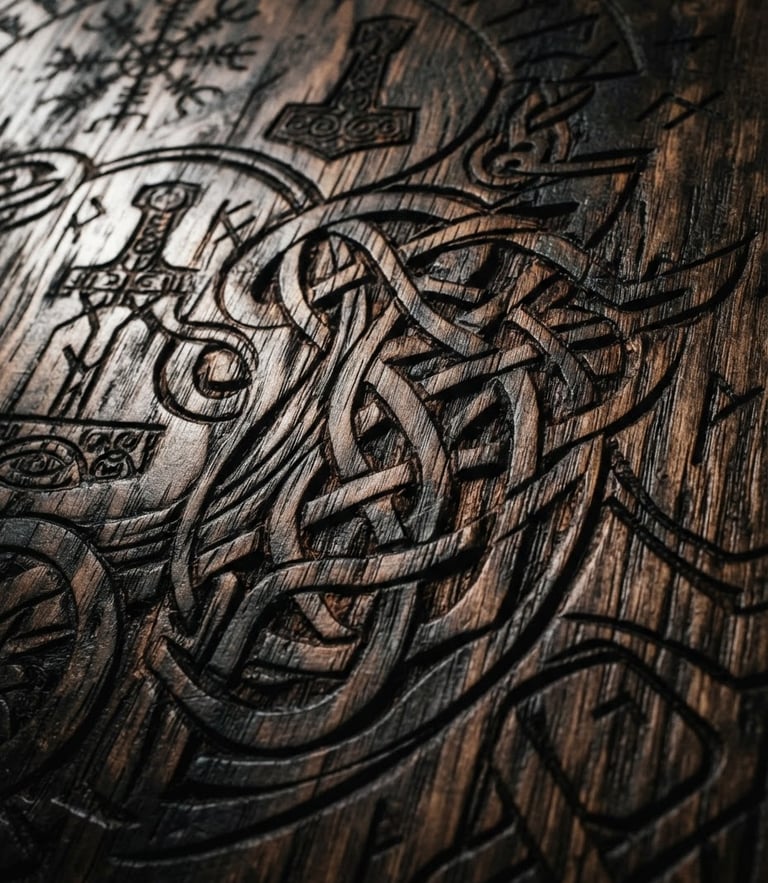 Extreme close-up of a dark laser-engraved wooden wedding plaque, displaying intricate Norse knotwork and elegant typography, dramatic side lighting, rich oak textures, macro lens