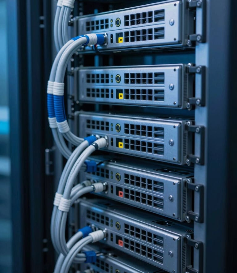 A macro photograph of high-performance server racks in a secure data center, cool blue ambient lighting, clean cable management, sharp focus, technical depth.