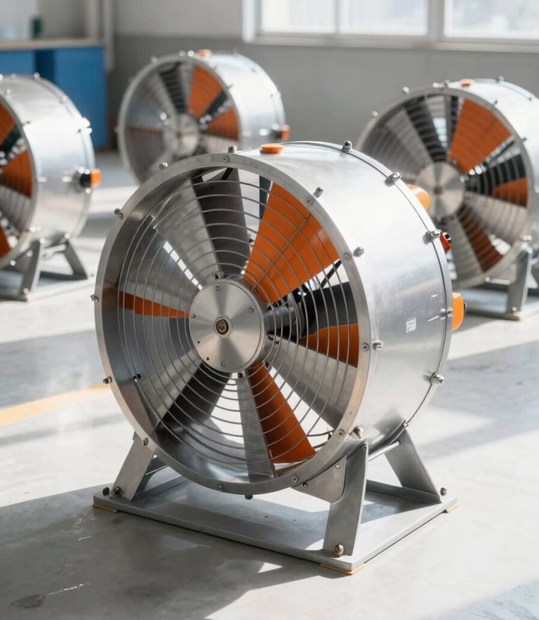 Industrial studio photography of heavy-duty industrial fans on a clean factory floor, bright crisp natural daylight, metallic silver and safety orange accents, sharp focus, 50mm lens
