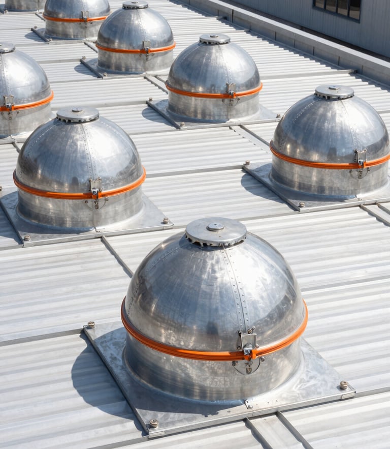 Low angle shot of modern industrial factory roof with multiple heavy-duty steel roof ventilators installed, bright daylight, metallic textures, sharp focus, 50mm lens