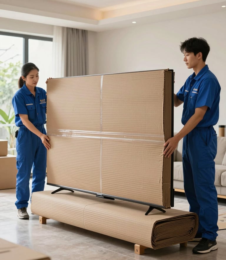 A professional packing crew in clean blue uniforms wrapping a large television in thick double-layer corrugated sheets inside a well-lit Vapi residence, daytime.