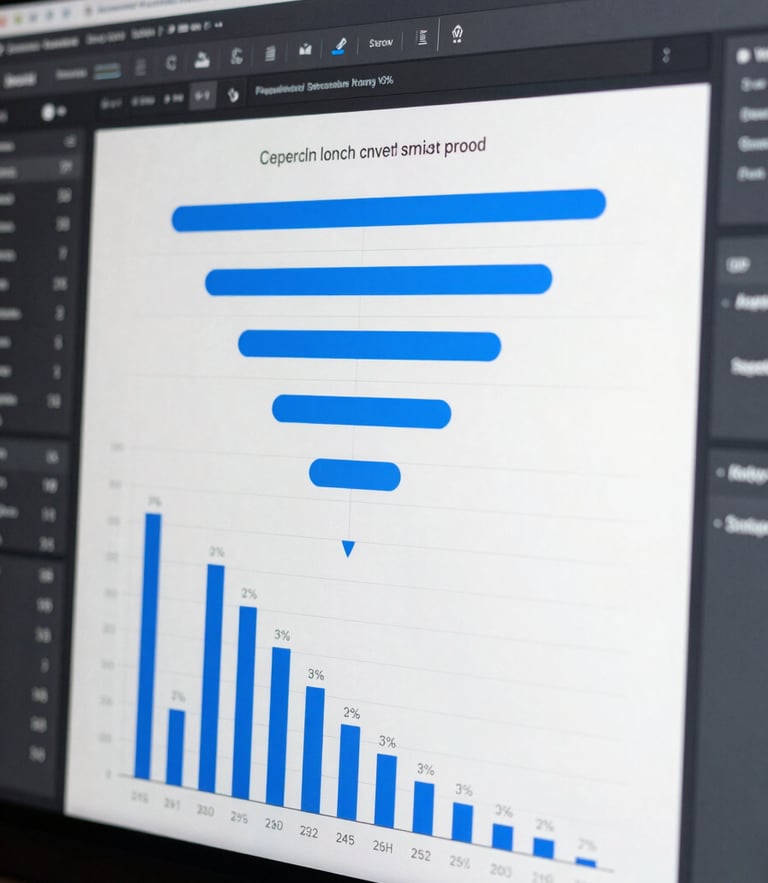 Detailed view of an analytics software interface displaying a multi-step conversion funnel, clean bar charts with percentage drops, professional dark mode UI with electric blue highlights.