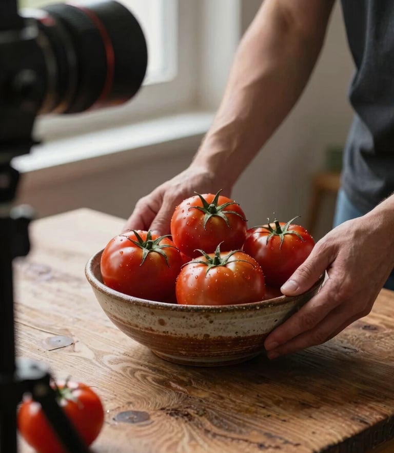 Behind the scenes at a food photography session, hands of a stylist adjusting a rustic ceramic bowl filled with dark red tomatoes on a textured wooden table, soft window light from the side.