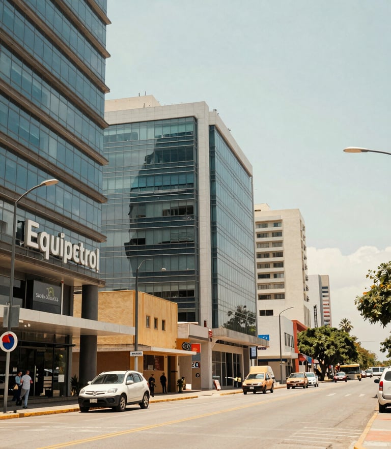 Wide environmental shot of Equipetrol business district in Santa Cruz de la Sierra, modern glass buildings under bright natural daylight, warm local sunlight, 35mm lens