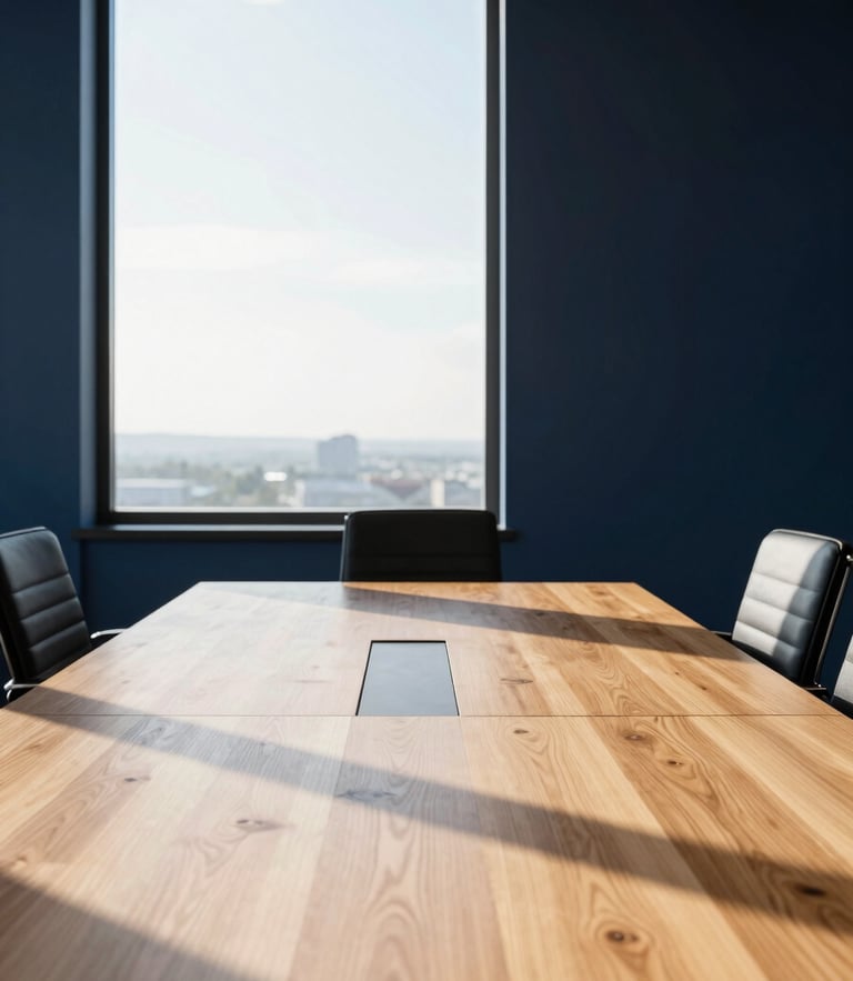 Quiet, professional meeting room with a large wooden table, structured lines, sunlight streaming through a large window, crisp daylight, 35mm
