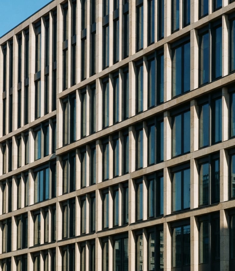 Architectural photograph of a modern office facade with clean geometric lines, crisp daylight casting structured navy shadows on warm stone, 35mm