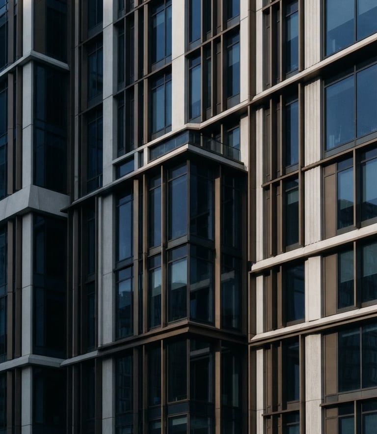 Minimalist modern office building facade with sharp architectural lines, soft natural afternoon light, deep navy shadows, 35mm photography