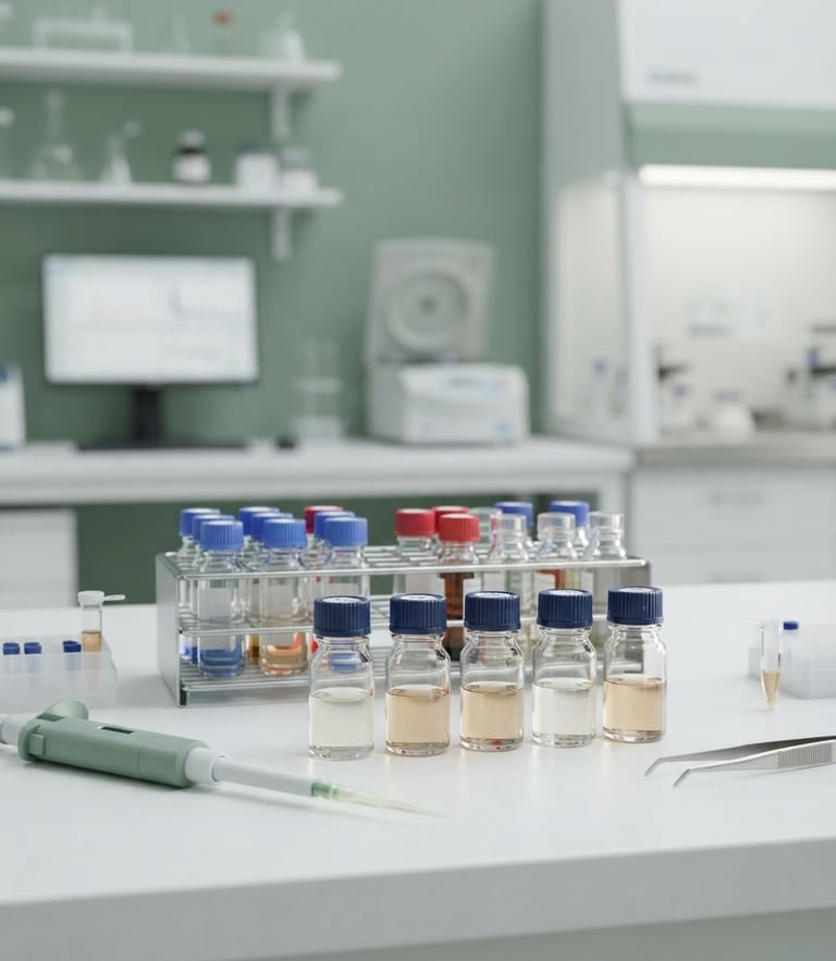 Pristine clinical laboratory environment with soft sage green tones, glass vials on a sterile counter, bright soft studio lighting