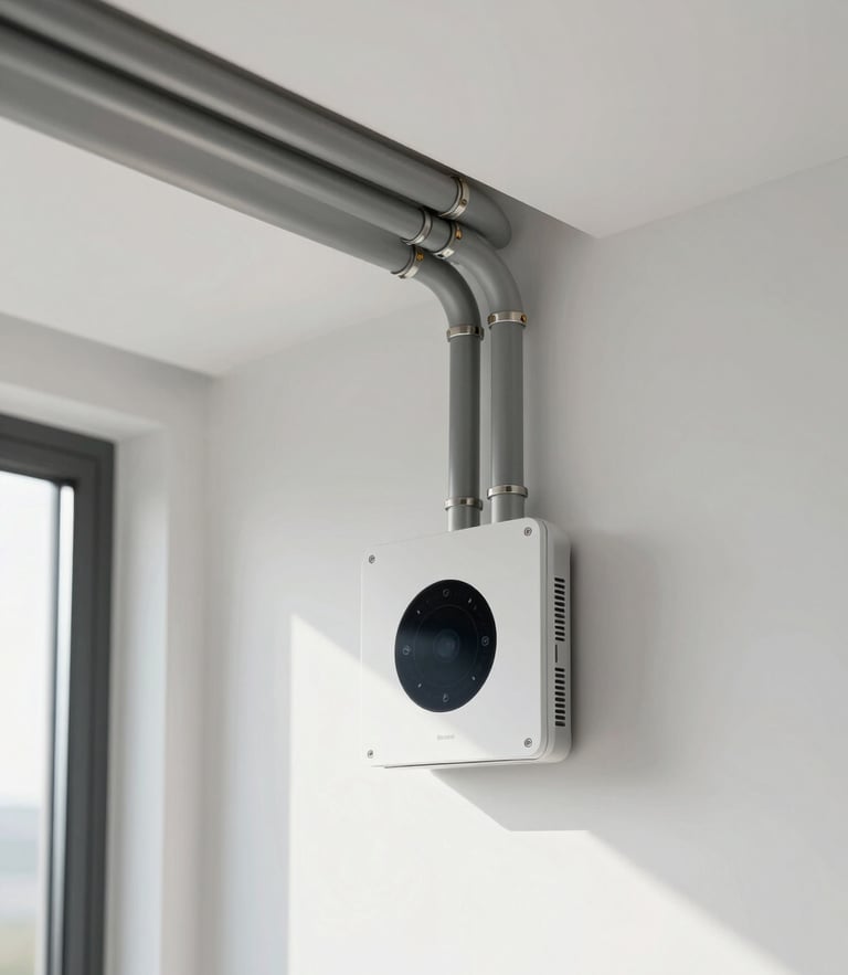 Crisp architectural photography of a modern, clean utility room with perfectly aligned conduits and smart home controller, natural light, 35mm lens