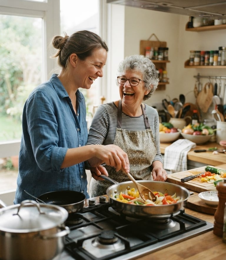 A support worker and client sharing a laugh while preparing a meal in a warm, naturally lit kitchen, authentic interaction, 35mm photography.