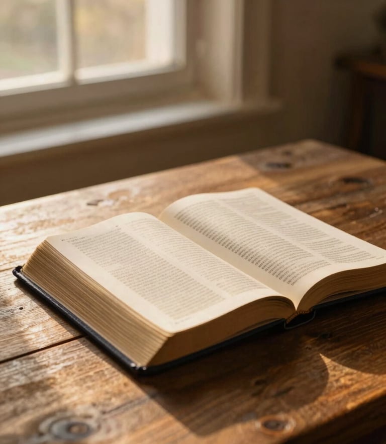 An open Bible on a textured wooden table, illuminated by soft golden-hour window light, creating a serene and sacred atmosphere.