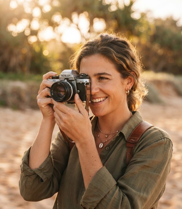 Close-up portrait of a photographer with a vintage film camera, warm golden hour sunlight filtering through leaves, soft sand background, shallow depth of field, authentic expression