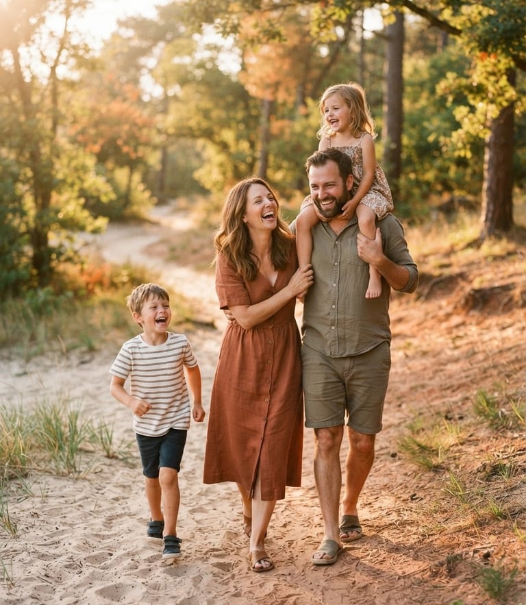 A warm, candid lifestyle photograph of a family laughing together outdoors, golden-hour sunlight filtering through trees, soft sand and terracotta tones, shallow depth of field, authentic emotions.
