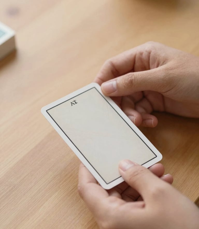 Close-up of hands holding a minimalist tarot card over a warm wooden table, soft natural daylight, shallow depth of field, serene atmosphere