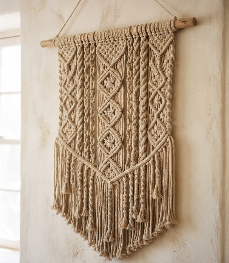 Editorial portrait of a large, hand-woven macramé wall hanging on a textured plaster wall, soft diffused daylight casting gentle shadows, warm sand color palette, 35mm photography.
