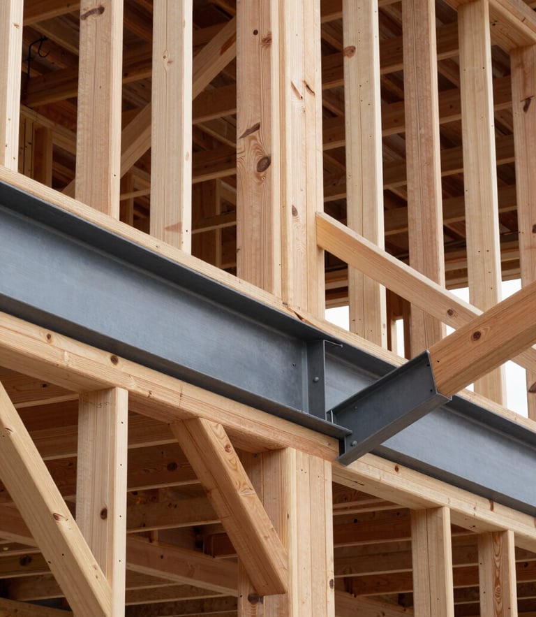 Architectural elevation of a perfectly plumb exposed timber frame meeting a structural steel moment beam, sharp natural site light.