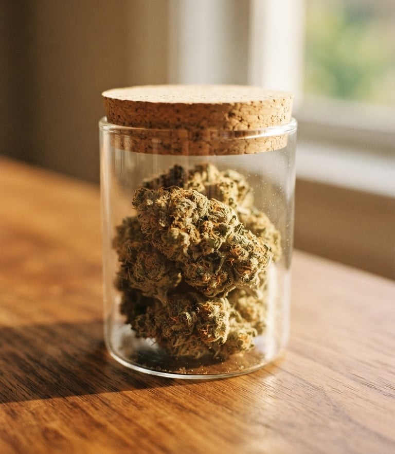 A close-up of a premium minimalist glass jar of cannabis flower resting on a wooden table, soft golden-hour window light, warm tones, shallow depth of field, 35mm