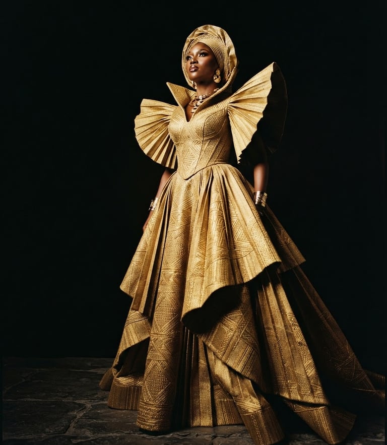 Low-angle heroic editorial shot of a dramatic, structural gold Aso-Oke gown on a model, high-contrast chiaroscuro lighting, deep black background